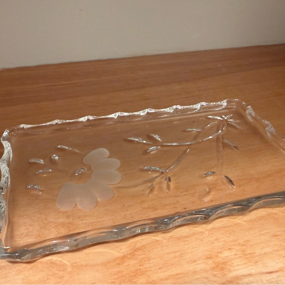 Clear antique Decorative Glass Trinket Tray with Etched Floral Design